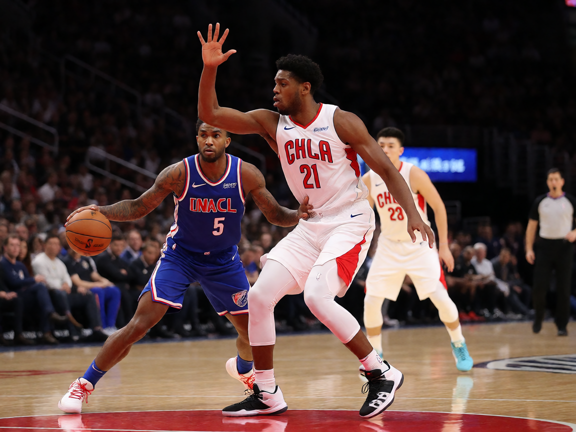 NBA篮球比赛现场，球员在球场激烈对抗
